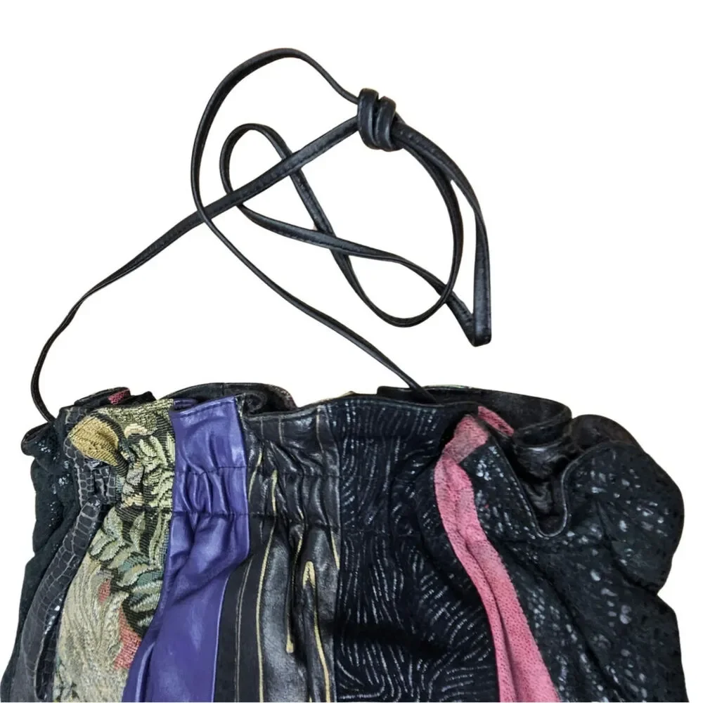 80s Black Leather Patchwork Ruched Reversible Cross Body Clutch Tassle Viva Bag